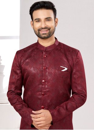 Art Silk Digital Print Indo Western in Maroon and Off White for Men
